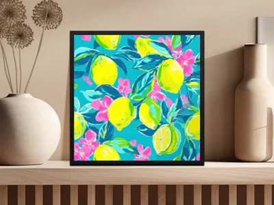 Vibrant Lemon Floral Digital Paper, Bright Summer Citrus Print, Preppy Coastal Tropical Seamless Pattern, Summer Crafts Digital