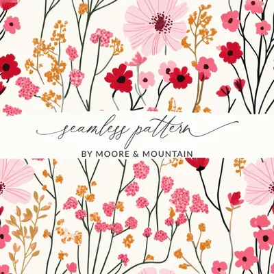 Vibrant Pink Red Floral Seamless Pattern Digital, Botanical Wildflower Background, Spring Summer Scrapbook Paper, Instant Download