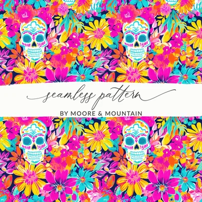 Vibrant Pink Sugar Skull Seamless Fall Pattern Digital