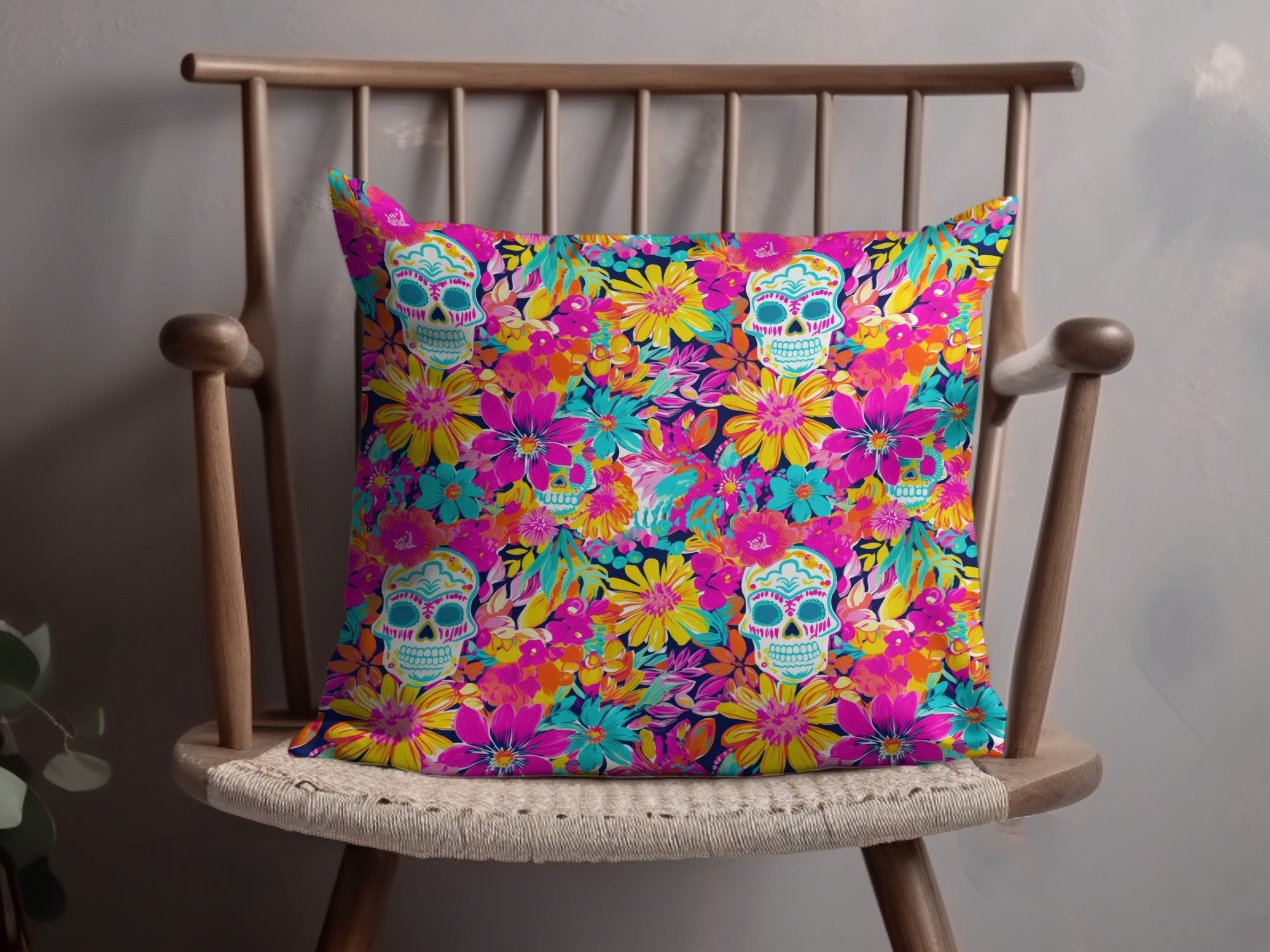 Vibrant Pink Sugar Skull Seamless Fall Pattern Digital