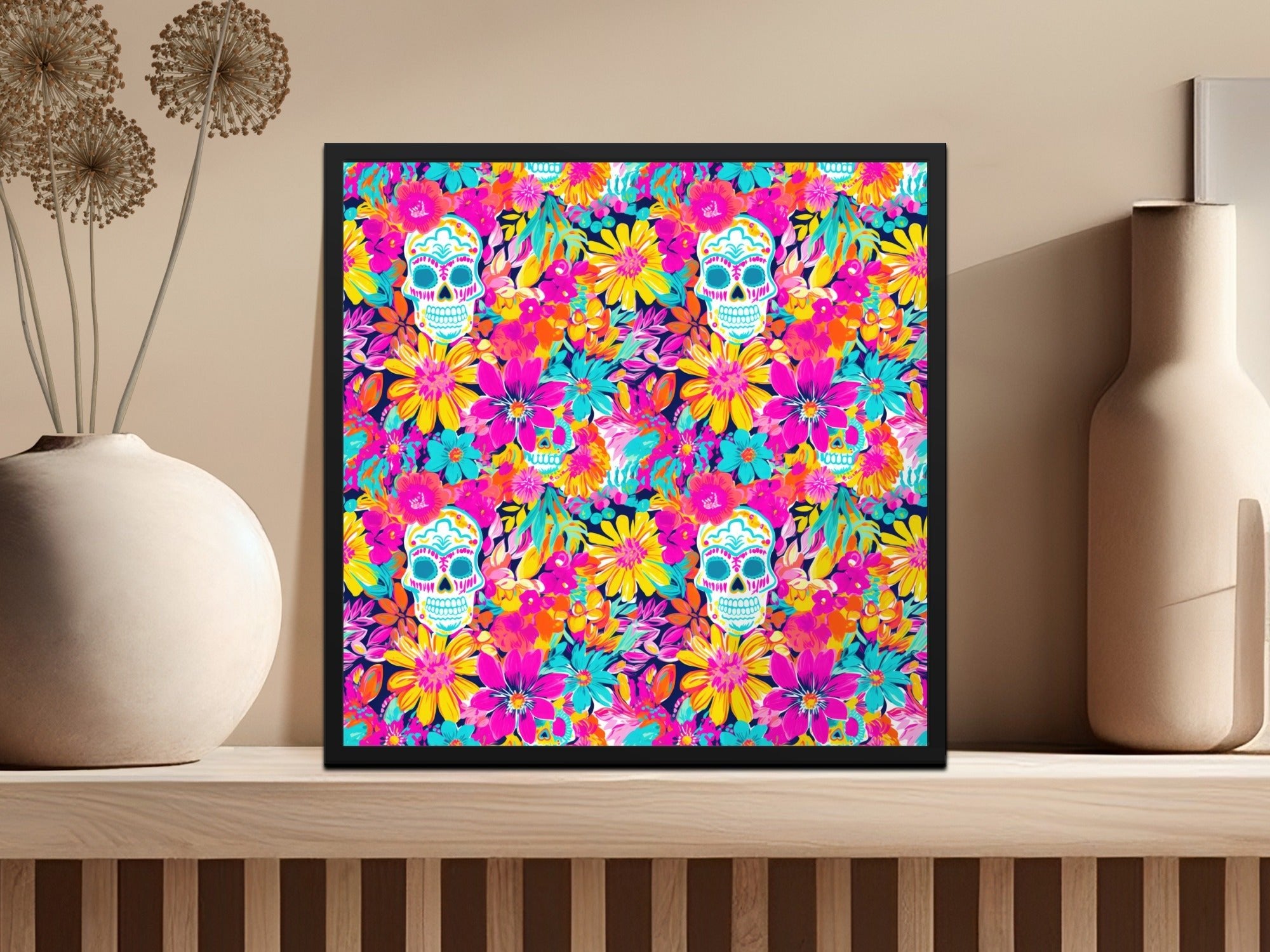 Vibrant Pink Sugar Skull Seamless Fall Pattern Digital