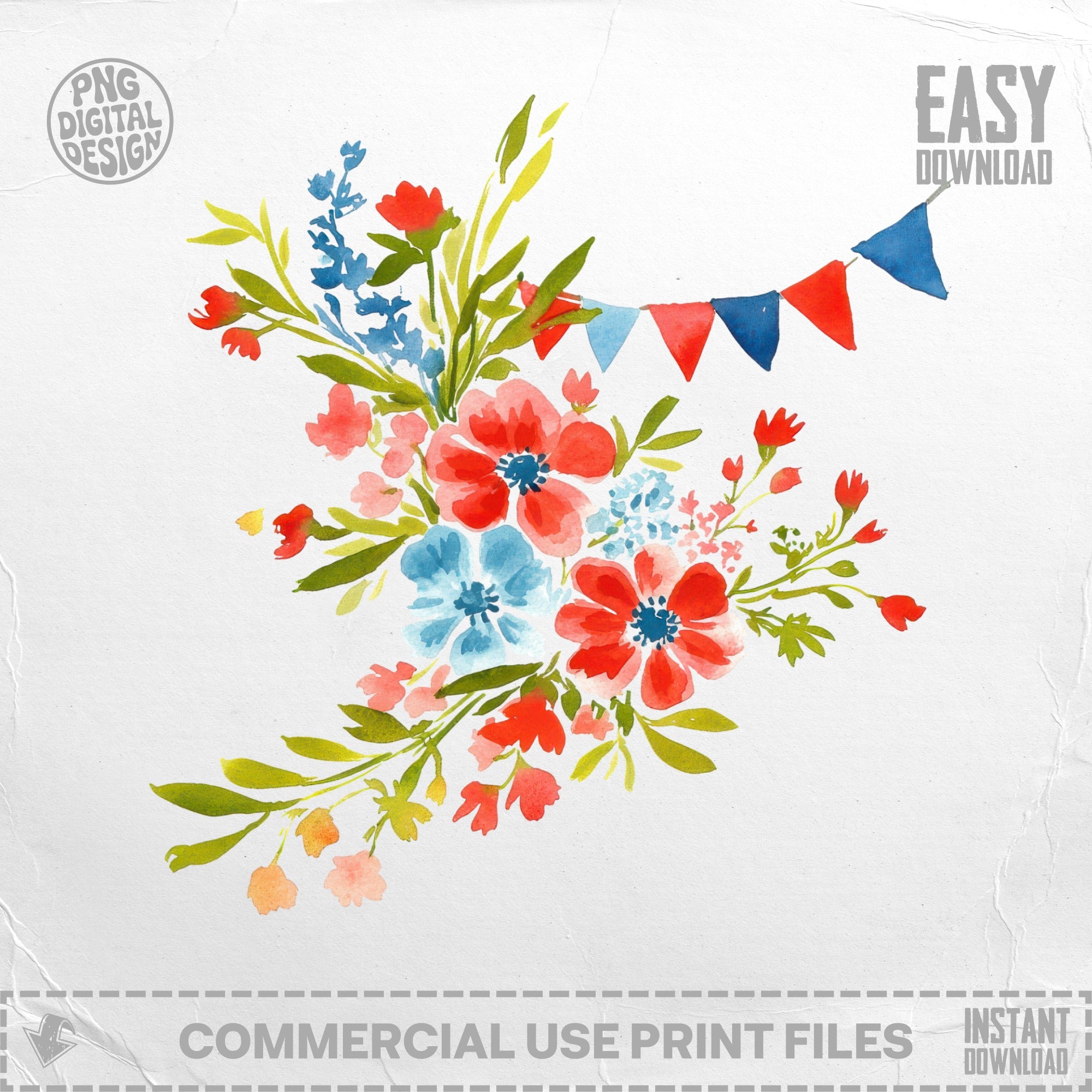 Vibrant Preppy Clip Art Patriotic Floral Arrangement, Red Blue Flowers, Festive Bunting Clipart, Summer Celebration Digital Art, USA Holiday SVG