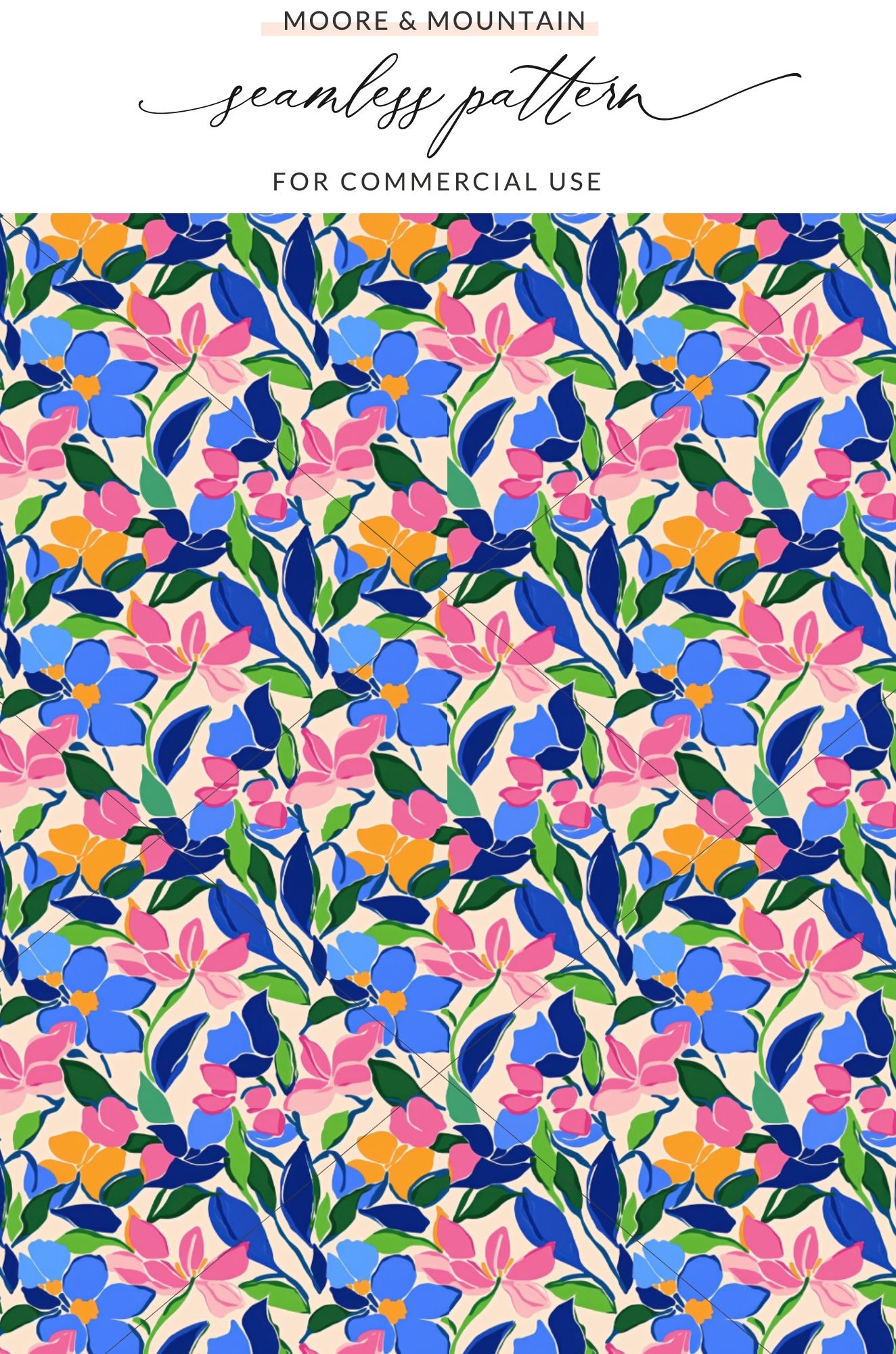 Vibrant Summer Floral Seamless Pattern Digital Paper, Bright Abstract Flowers, Modern Botanical Design, Commercial Use Tileable Print