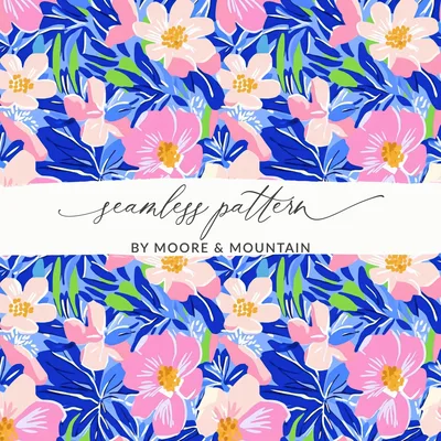 Vibrant Tropical Floral Seamless Pattern Digital Download, Preppy Bright Flower Repeat Pattern, Summer Blues Pink Green Digital Paper