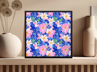 Vibrant Tropical Floral Seamless Pattern Digital Download, Preppy Bright Flower Repeat Pattern, Summer Blues Pink Green Digital Paper