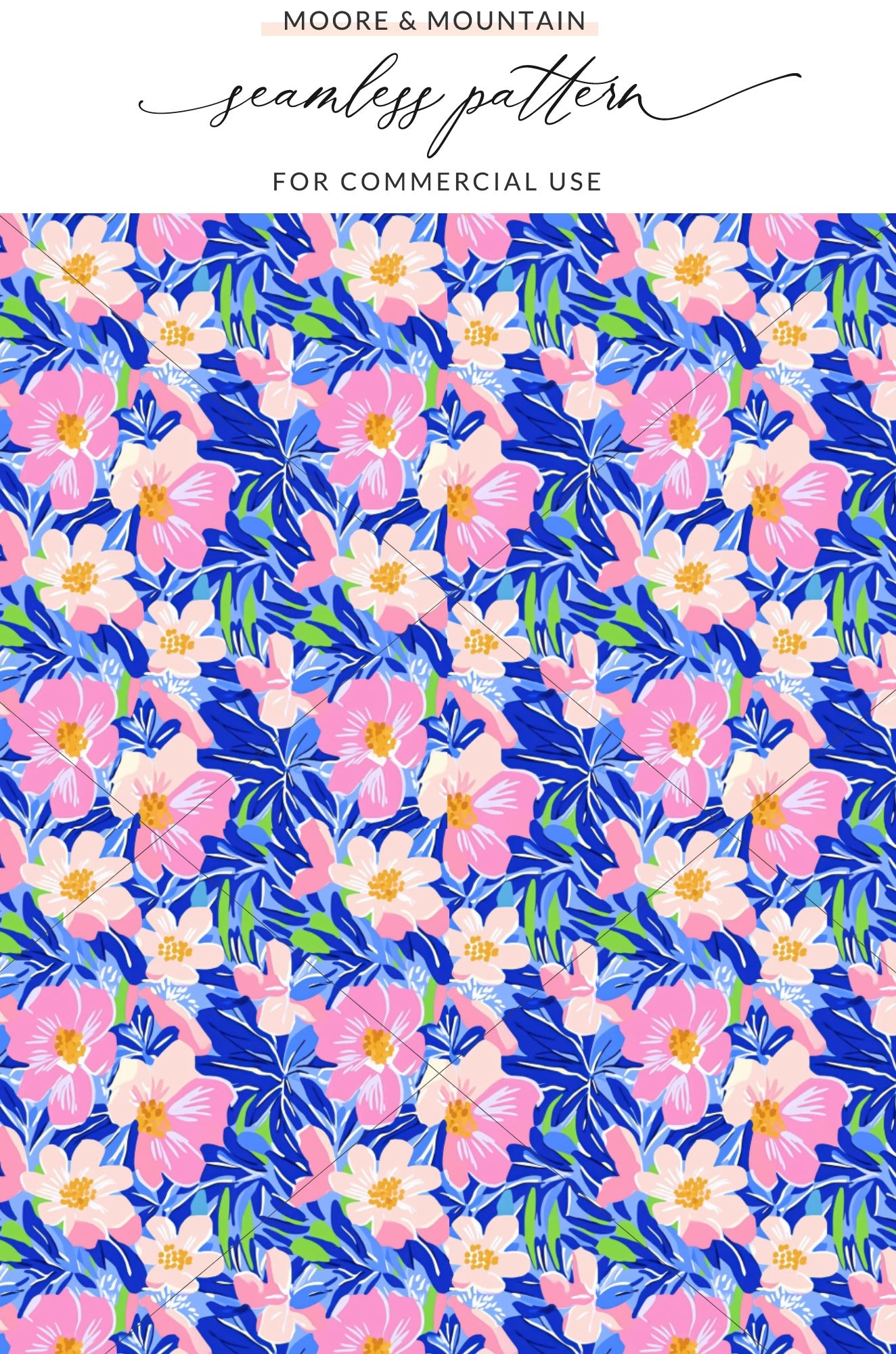 Vibrant Tropical Floral Seamless Pattern Digital Download, Preppy Bright Flower Repeat Pattern, Summer Blues Pink Green Digital Paper