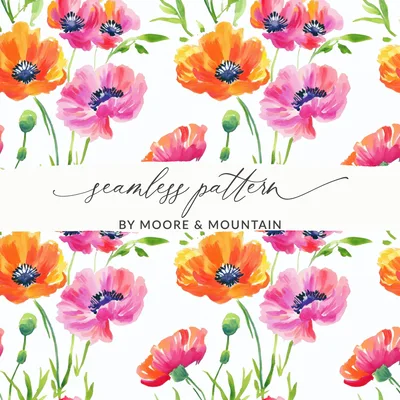 Vibrant Watercolor Poppy Floral Digital Paper - Seamless Spring Summer Flower Pattern for Crafts & Commercial Use