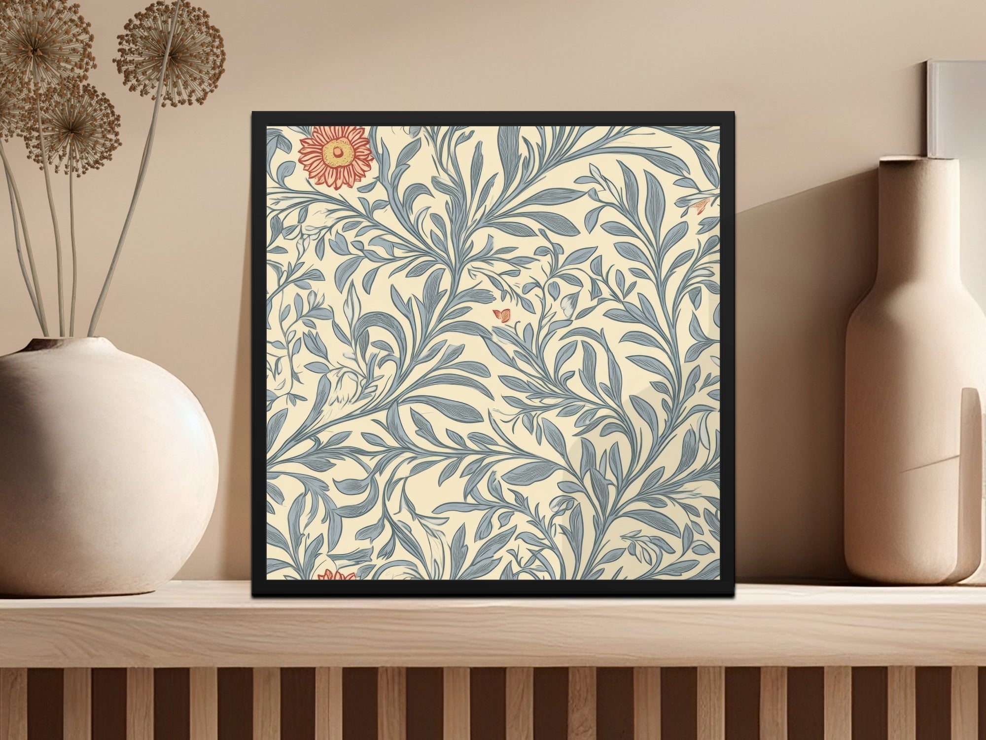 Victorian Vines and Flowers Seamless William Morris Vines Background Blue and Red Digital