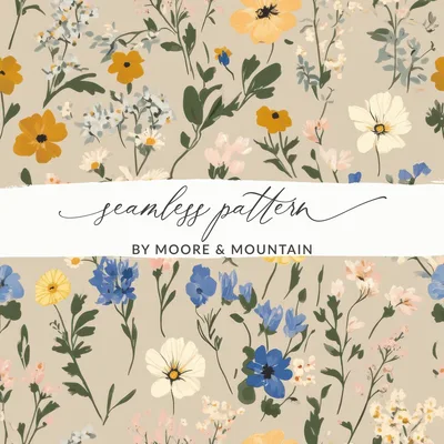 Vintage Boho Wildflower Pattern, Seamless Boho Floral Background, Neutral Meadow Seamless JPEG Pattern for Commercial Use