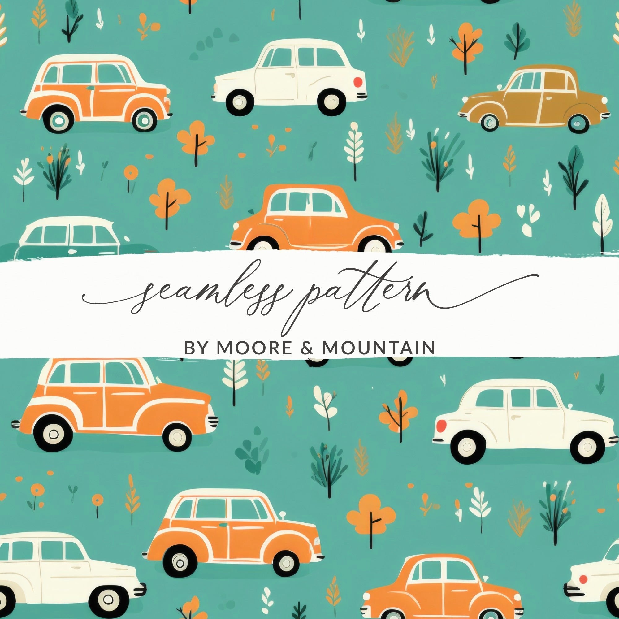 Vintage Car Pattern Digital Paper, Teal, Orange, Retro Vehicles, Scrapbooking Paper, Kids Fabric Design, Car Lover Gift, Digital Download