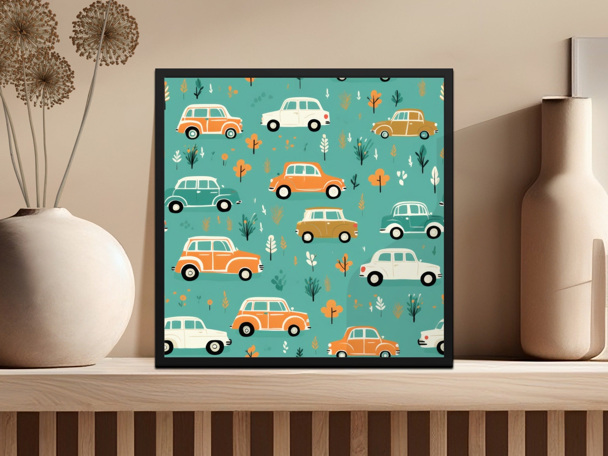Vintage Car Pattern Digital Paper, Teal, Orange, Retro Vehicles, Scrapbooking Paper, Kids Fabric Design, Car Lover Gift, Digital Download