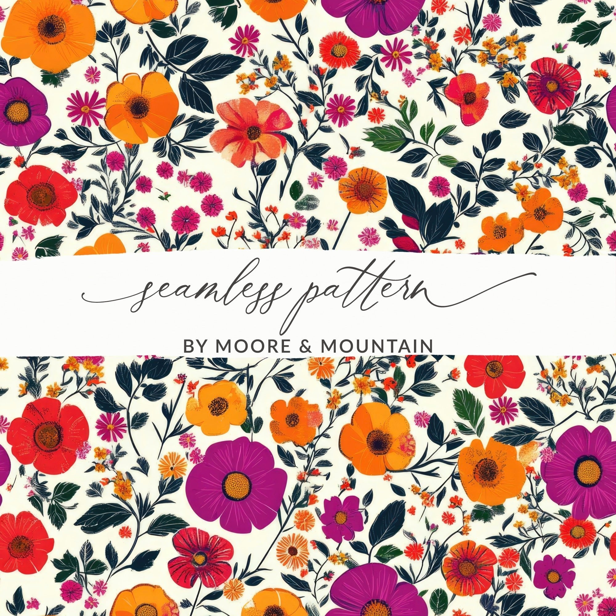 Vivid Floral Digital Print, Red Orange Purple Flowers, Summer Spring Pattern, Abstract Botanical Art, Trendy Design, Printable Wall Art
