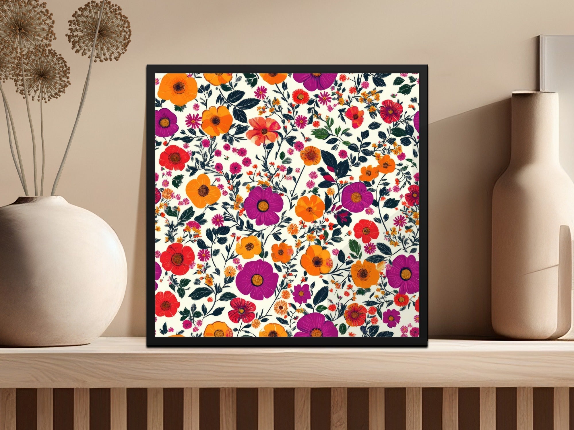 Vivid Floral Digital Print, Red Orange Purple Flowers, Summer Spring Pattern, Abstract Botanical Art, Trendy Design, Printable Wall Art