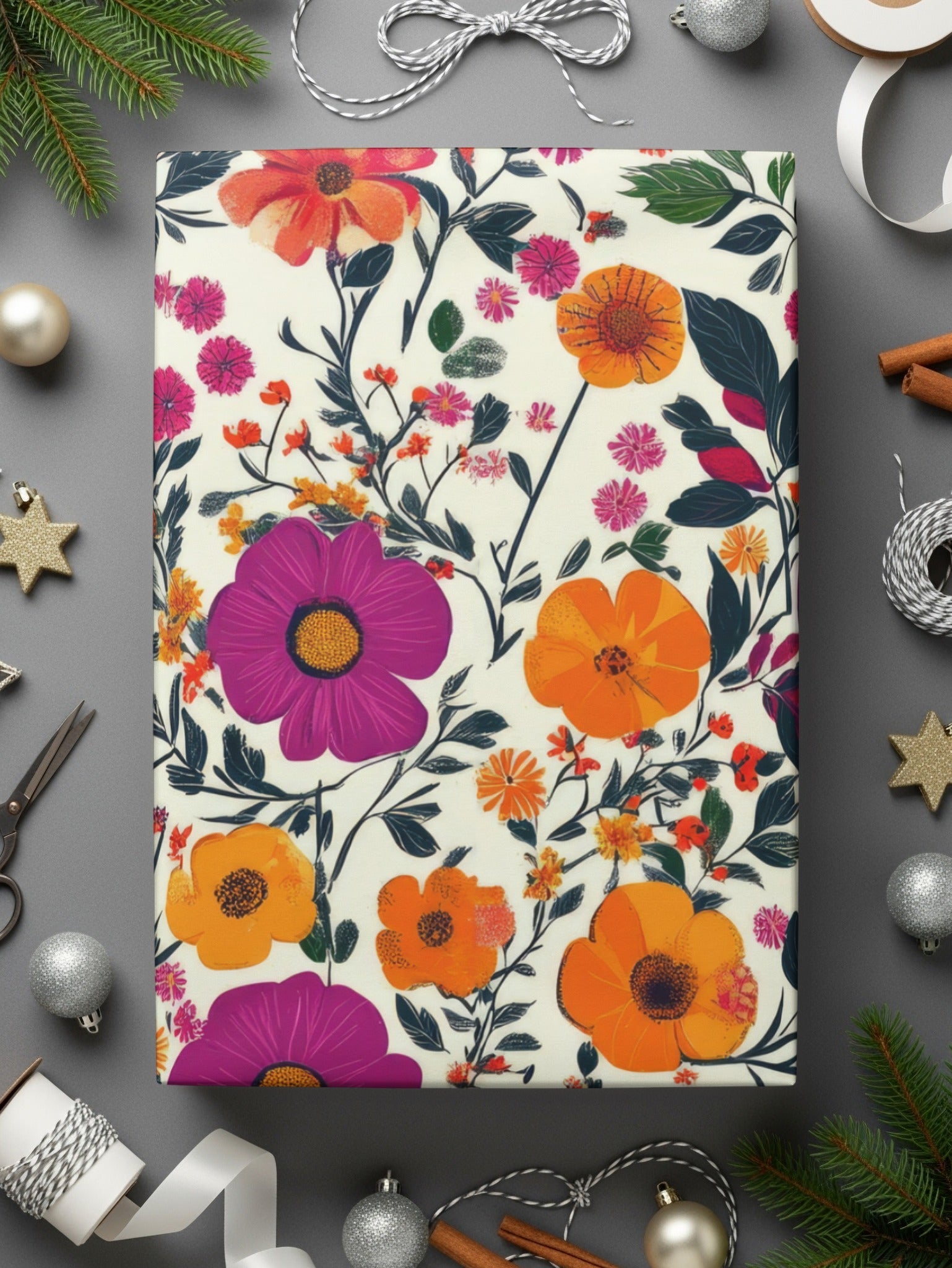 Vivid Floral Digital Print, Red Orange Purple Flowers, Summer Spring Pattern, Abstract Botanical Art, Trendy Design, Printable Wall Art
