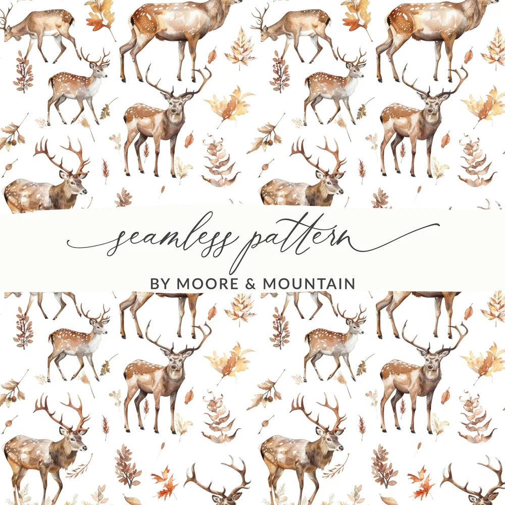 Watercolor Autumn Deer with Leaves Seamless Pattern Digital