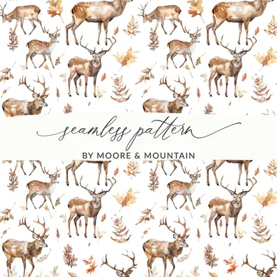 Watercolor Autumn Deer with Leaves Seamless Pattern Digital