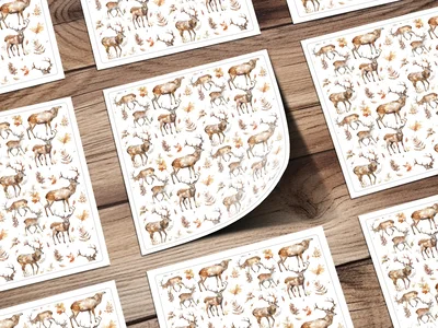 Watercolor Autumn Deer with Leaves Seamless Pattern Digital