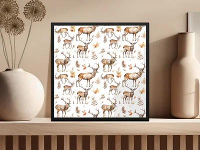 Watercolor Autumn Deer with Leaves Seamless Pattern Digital