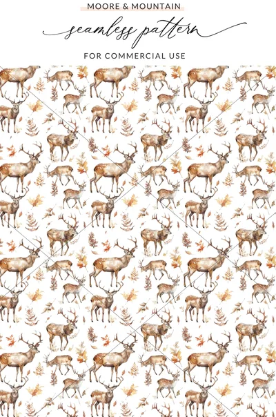 Watercolor Autumn Deer with Leaves Seamless Pattern Digital