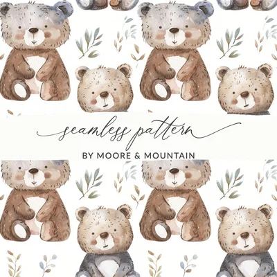 Watercolor Bear Seamless Pattern Digital Paper, Nursery Decor, Cute Bear Repeat Pattern, Baby Shower Fabric Design, Scrapbooking Paper