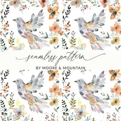 Watercolor Bird Digital Paper, Floral Pattern, White Background, Spring Flowers, Seamless Pattern, Neutral Colors, Digital Download