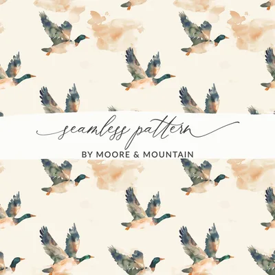 Watercolor Birds Ducks Flying Over Clouds Pattern Digital