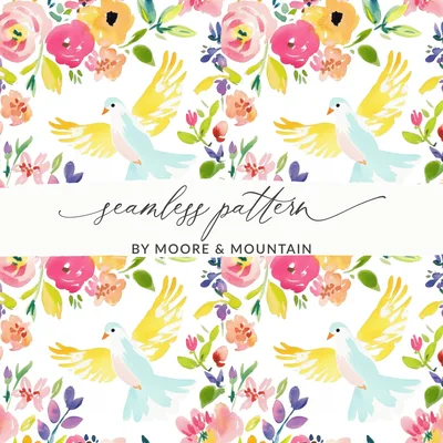 Watercolor Birds Floral Digital Paper, Seamless Pattern, Flying Doves Design, Spring Bloom Art, Aesthetic Nursery Print, Craft Supply