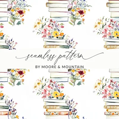 Watercolor Books and Flowers Digital Art, Floral Book Stack Illustration, Printable Wall Art, Pastel Botanical Clipart, Spring Download