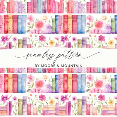 Watercolor Bookshelf Digital Paper, Floral Books Seamless Pattern, Book Lover Scrapbook Paper, 12x12 JPEG Files, Planner Digital