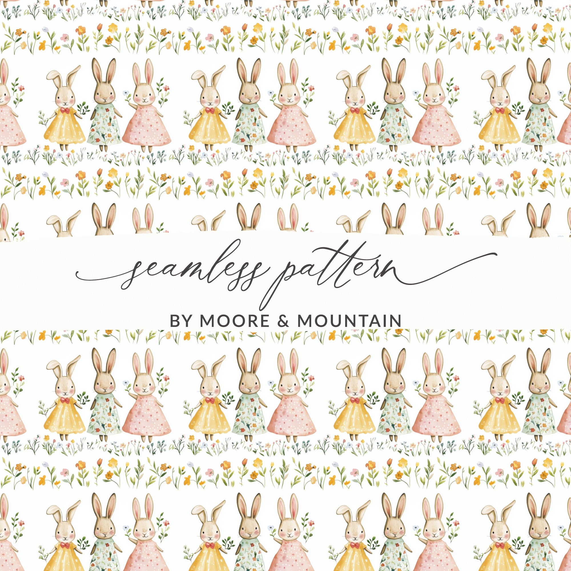 Watercolor Bunny Seamless Pattern, Digital Paper, Cute Rabbits in Dresses, Spring Floral Design, Easter Theme, Nursery Art, Instant Download