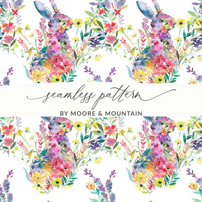 Watercolor Bunny Seamless Pattern, Floral Rabbit Design, Springtime Digital Paper, Easter Digital Download, Animal Illustration Art