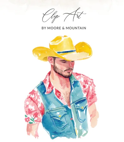 Watercolor Cowboy PNG SVG, Western Man Digital Art, Floral Shirt and Denim Vest Illustration, Yellow Hat Design, Rustic Decor Printable SVG