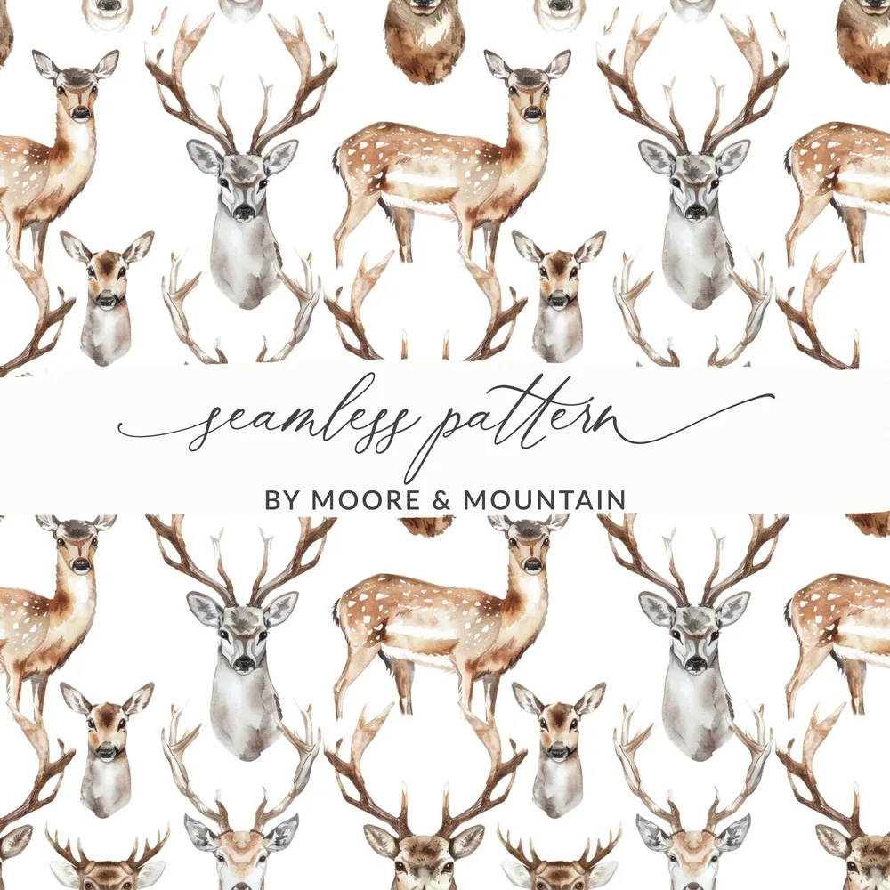 Watercolor Deer Pattern Repeat Wildlife Animals Seamless Digital
