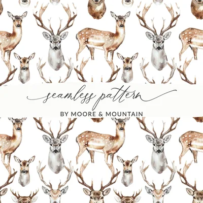 Watercolor Deer Pattern Repeat Wildlife Animals Seamless Digital