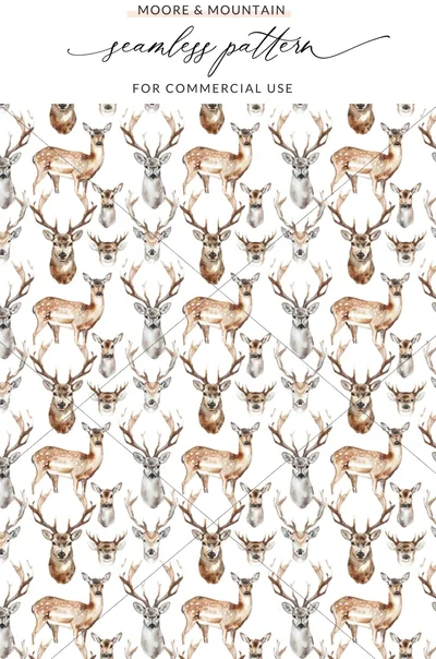 Watercolor Deer Pattern Repeat Wildlife Animals Seamless Digital