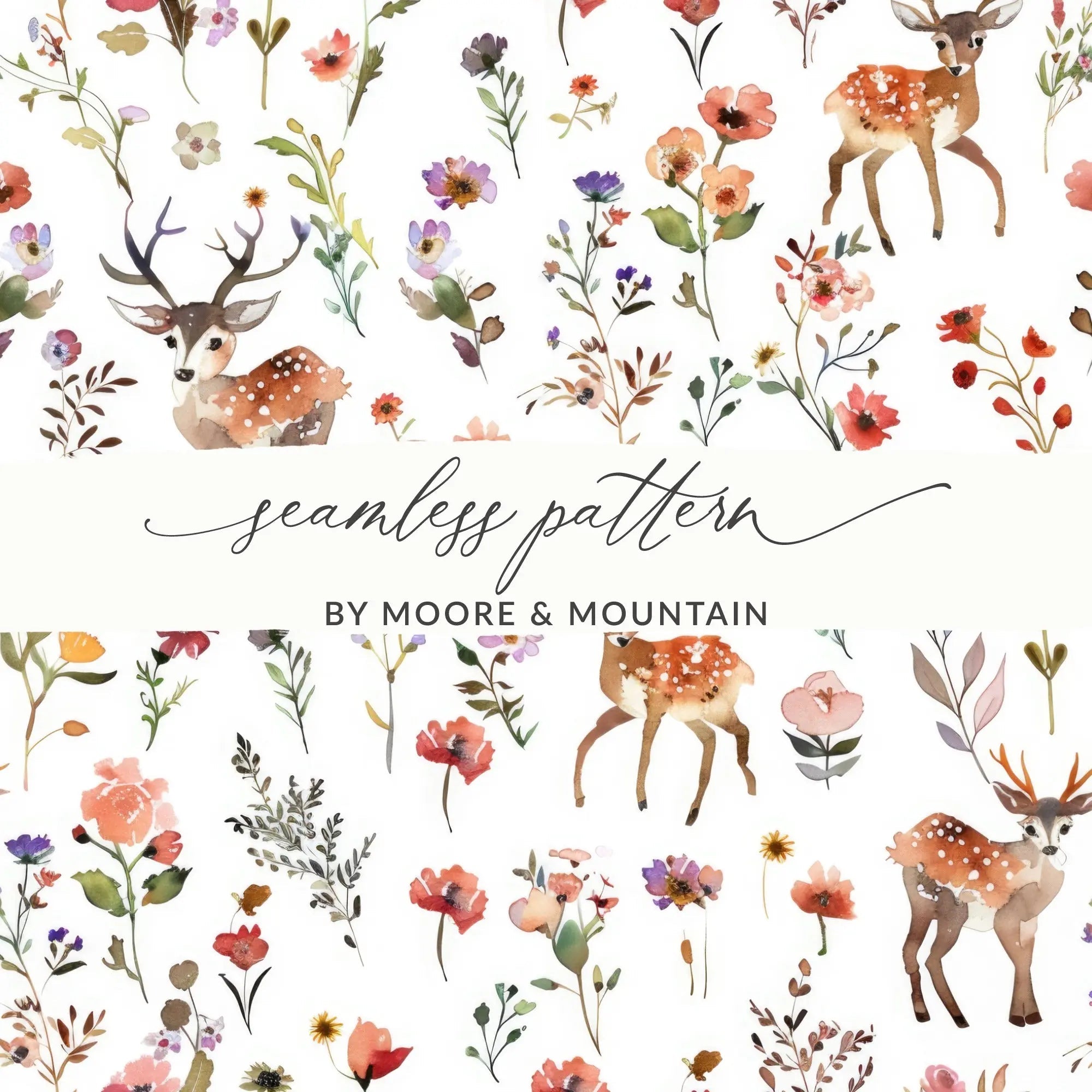 Watercolor Deer Seamless Pattern Digital, Floral Print, Rustic Design, Scrapbooking Paper, Fabric Pattern, Digital Paper, Wildflower Pattern