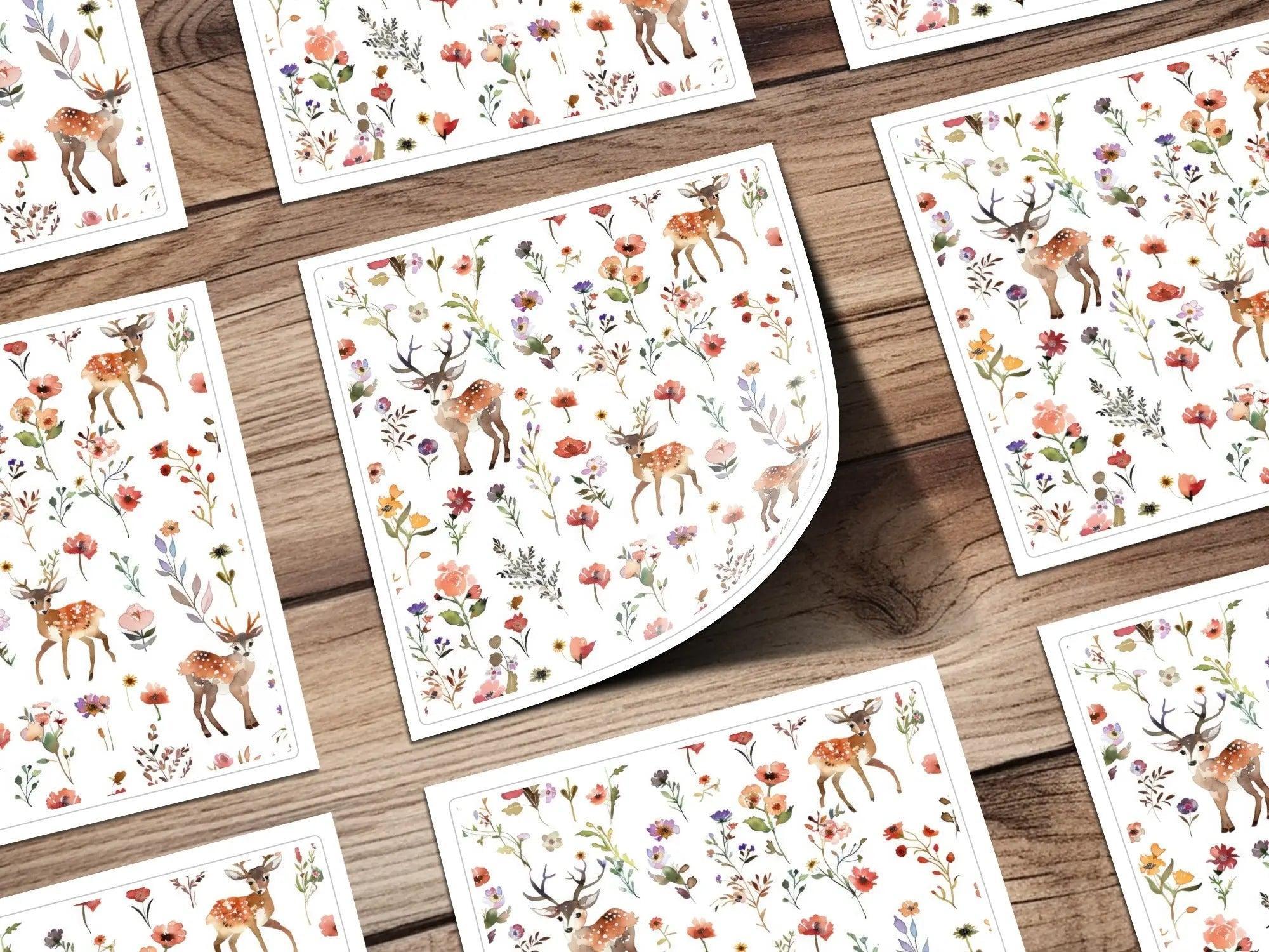 Watercolor Deer Seamless Pattern Digital, Floral Print, Rustic Design, Scrapbooking Paper, Fabric Pattern, Digital Paper, Wildflower Pattern