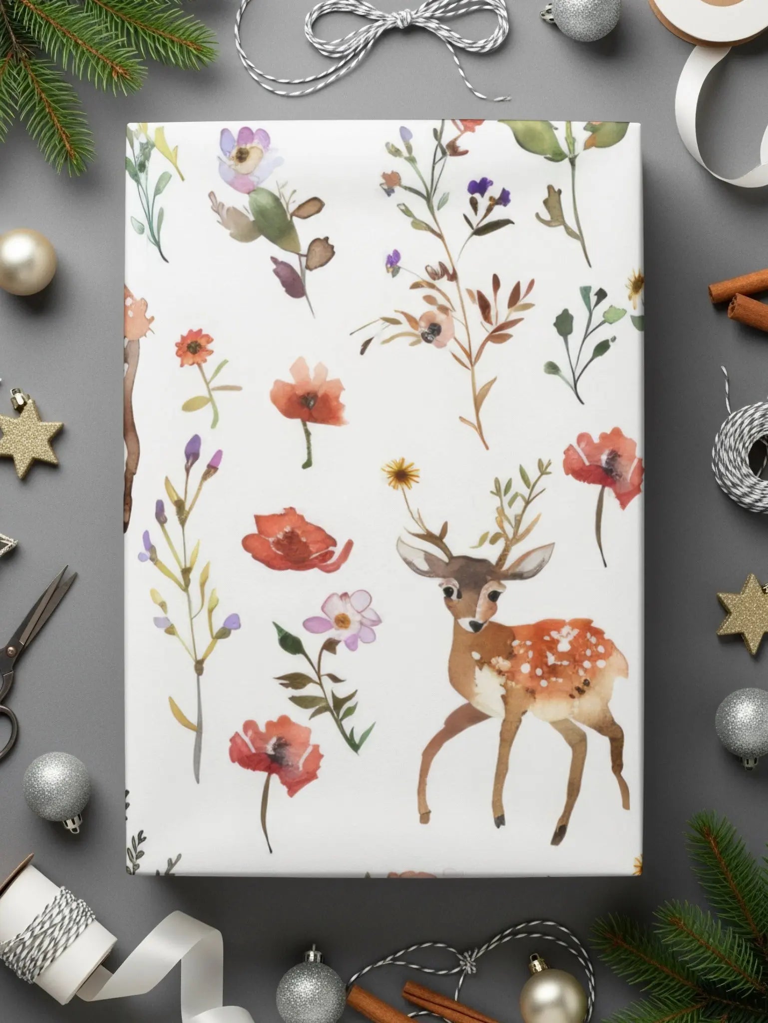 Watercolor Deer Seamless Pattern Digital, Floral Print, Rustic Design, Scrapbooking Paper, Fabric Pattern, Digital Paper, Wildflower Pattern