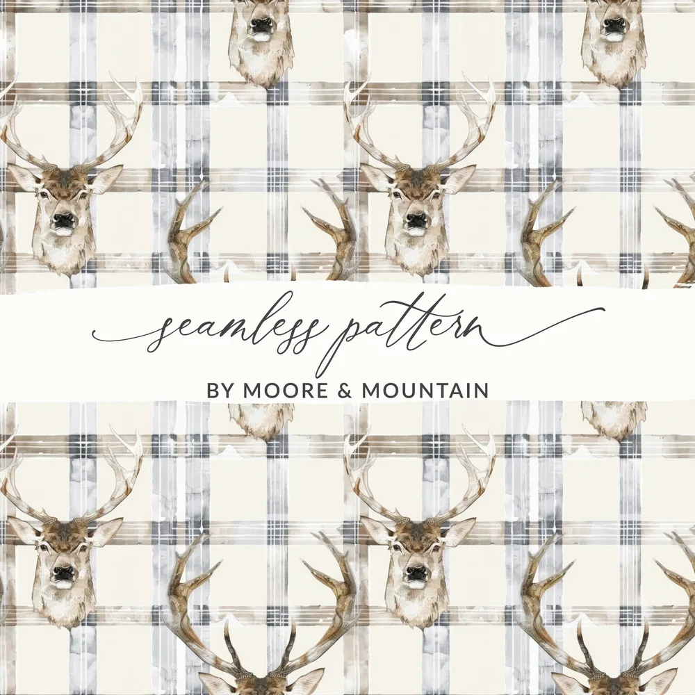 Watercolor Deer With Plaid Background Pattern Digital