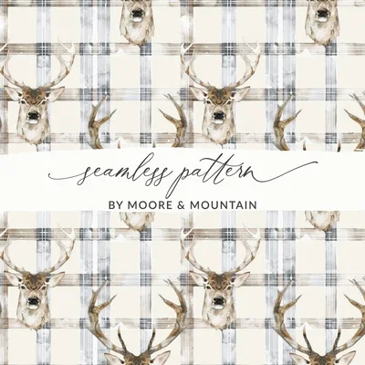 Watercolor Deer With Plaid Background Pattern Digital