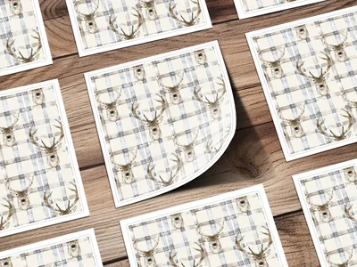 Watercolor Deer With Plaid Background Pattern Digital