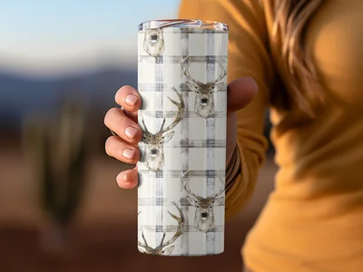 Watercolor Deer With Plaid Background Pattern Digital