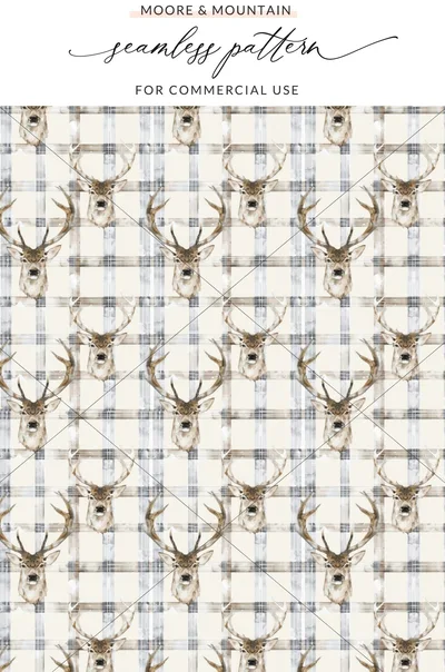 Watercolor Deer With Plaid Background Pattern Digital