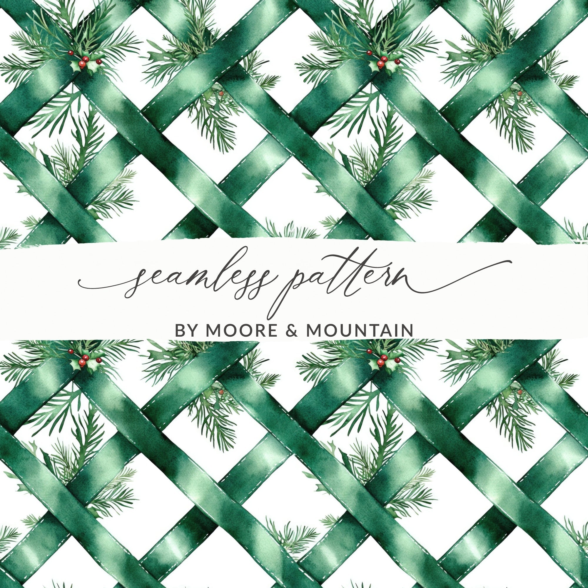 Watercolor Evergreen Ribbon Digital Seamless Pattern, Christmas Digital Paper, Fabric Design, Scrapbooking Paper, Sublimation Design