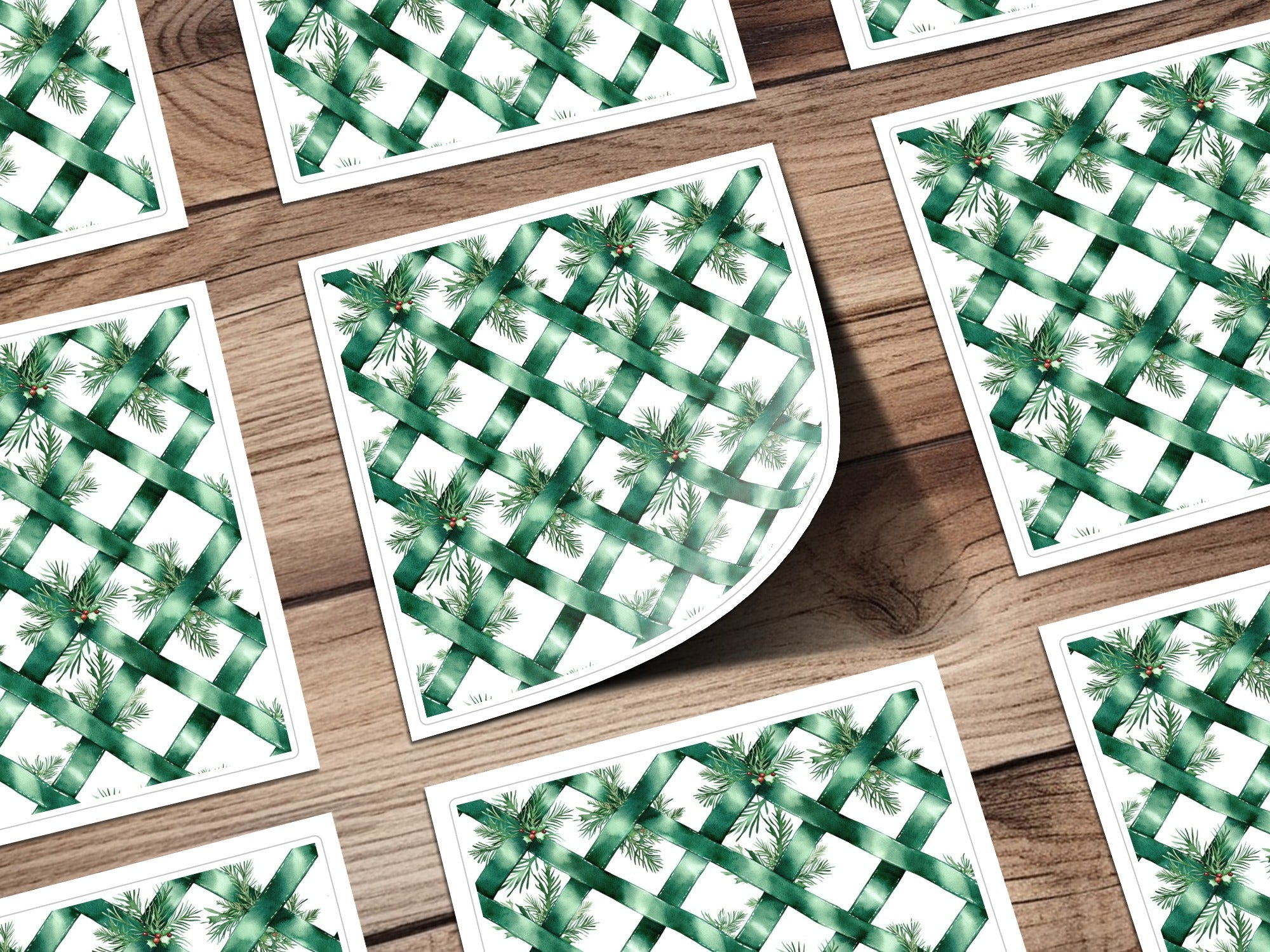 Watercolor Evergreen Ribbon Digital Seamless Pattern, Christmas Digital Paper, Fabric Design, Scrapbooking Paper, Sublimation Design
