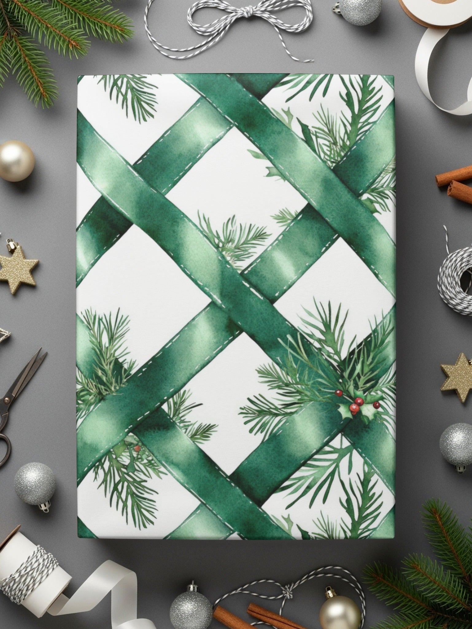 Watercolor Evergreen Ribbon Digital Seamless Pattern, Christmas Digital Paper, Fabric Design, Scrapbooking Paper, Sublimation Design