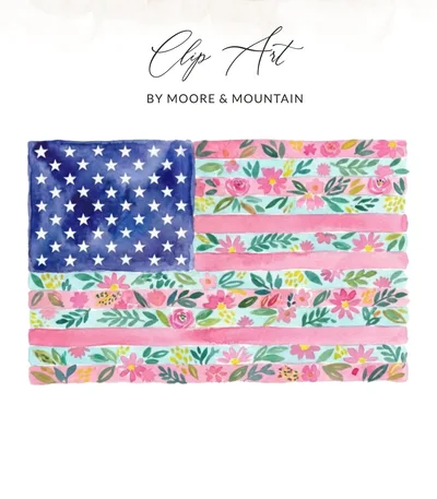 Watercolor Floral American Flag T-Shirt Design, Boho Patriotic USA Flag Digital Download, 4th of July Independence Day Sublimation PNG