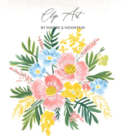 Watercolor Floral Bouquet Digital Art, Vibrant Pink Blue Yellow Flowers Print, Instant Download Botanical Illustration, Spring Summer Decor