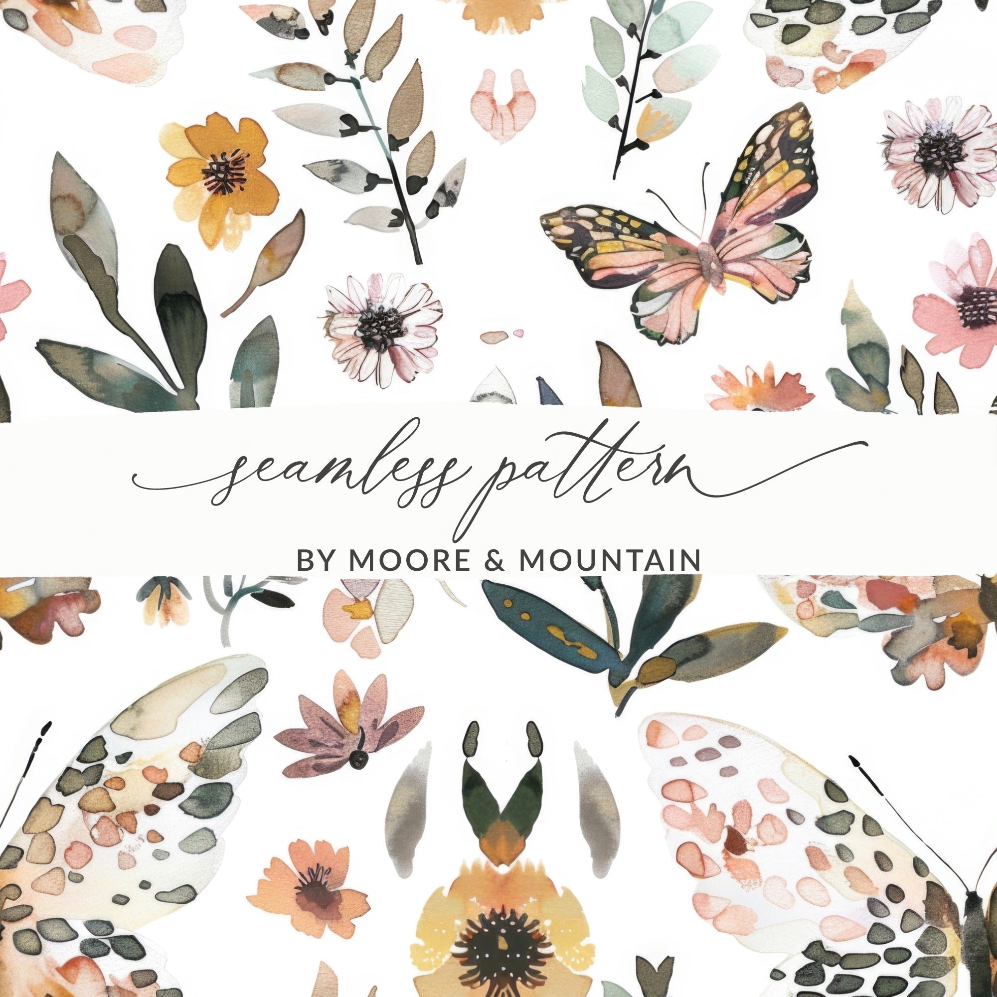 Watercolor Floral Butterflies Neutral Boho Summer Digital