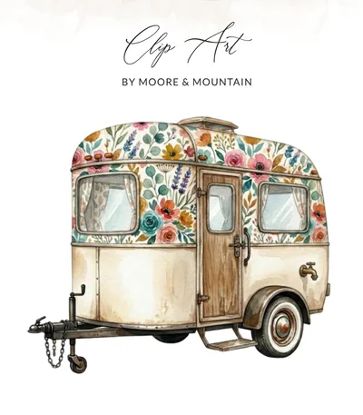 Watercolor Floral Camper Clip Art png svg, Vintage Trailer Digital Download, Boho Travel png, rv Caravan Watercolor Art, Cottagecore Road